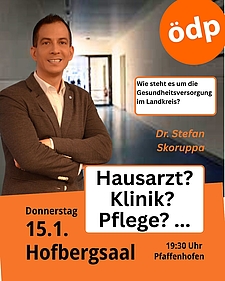 Dr. Skoruppa steht im Gang einer Klinik, Einladung zum Vortrag mit Ort und Terminangabe